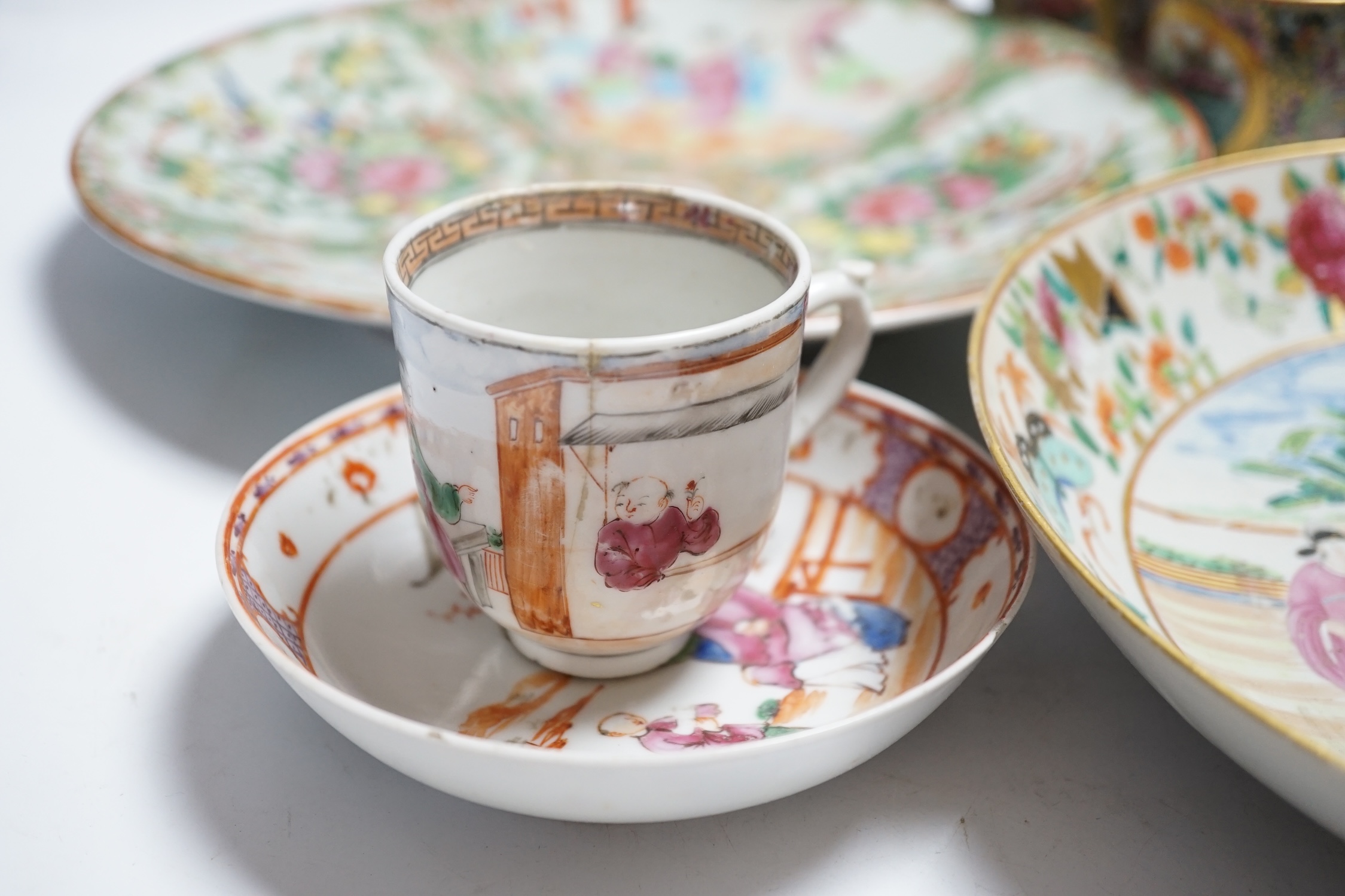 Chinese famille rose porcelain including plates, cups, saucers and a figure, 18th and 19th century, largest 27cm diameter